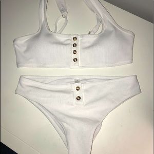 White Ribbed & Buttoned bikini bathing suit